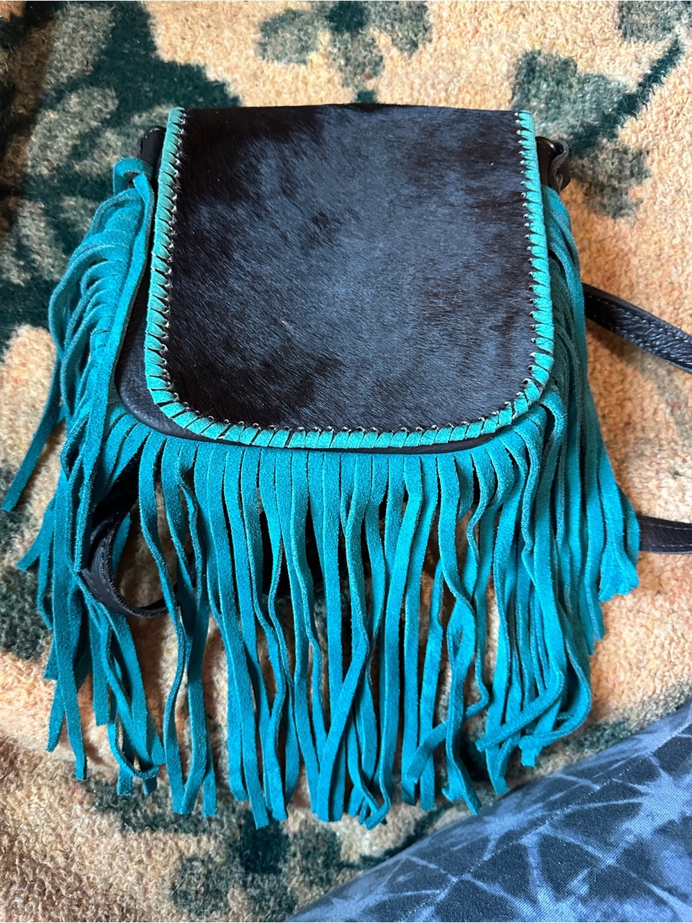 Montana West Teal Suede Fringe Crossbody with Black Haircalf Flap